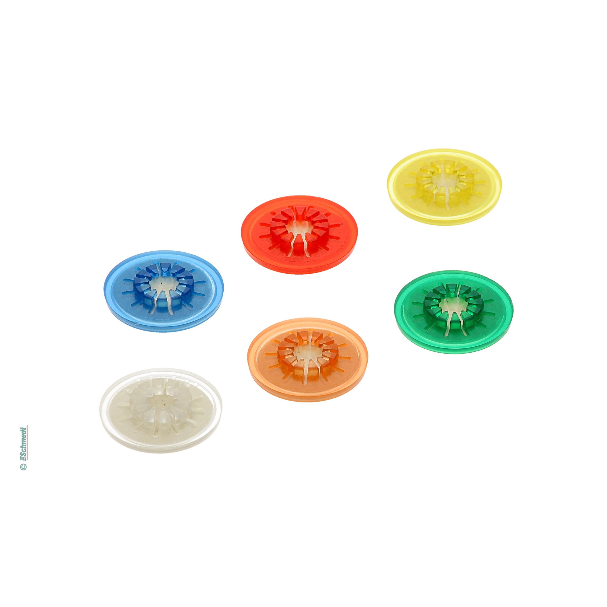 CD fasteners, self-adhesive - round, plate with star made of hard plastic - to mount CDs and DVDs into brochures, folders, files, schoolbook...