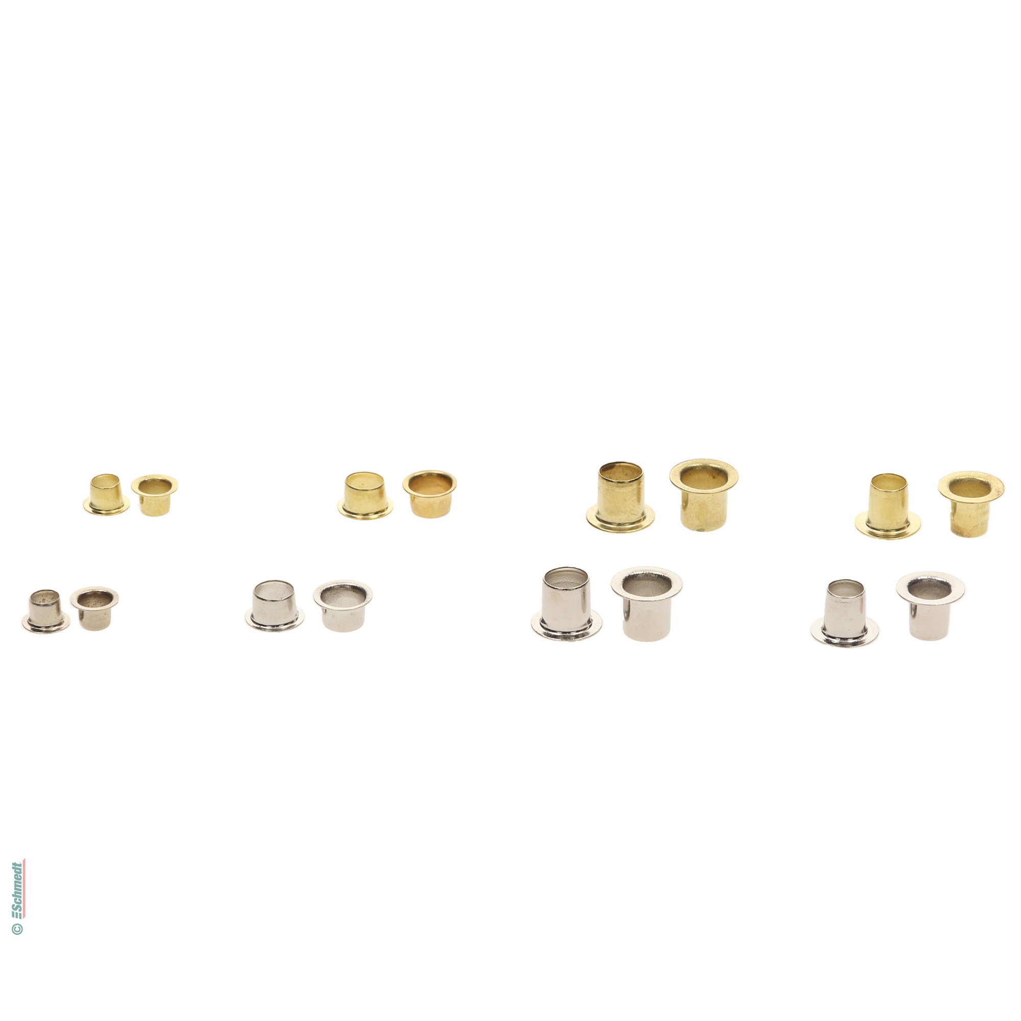 Oeillets métalliques - Types 8E | 8E long - avec Ø de corps (int/ext.: 5,5 mm / 6,2 mm - Applications: Oeillets en métal protègent les trous...