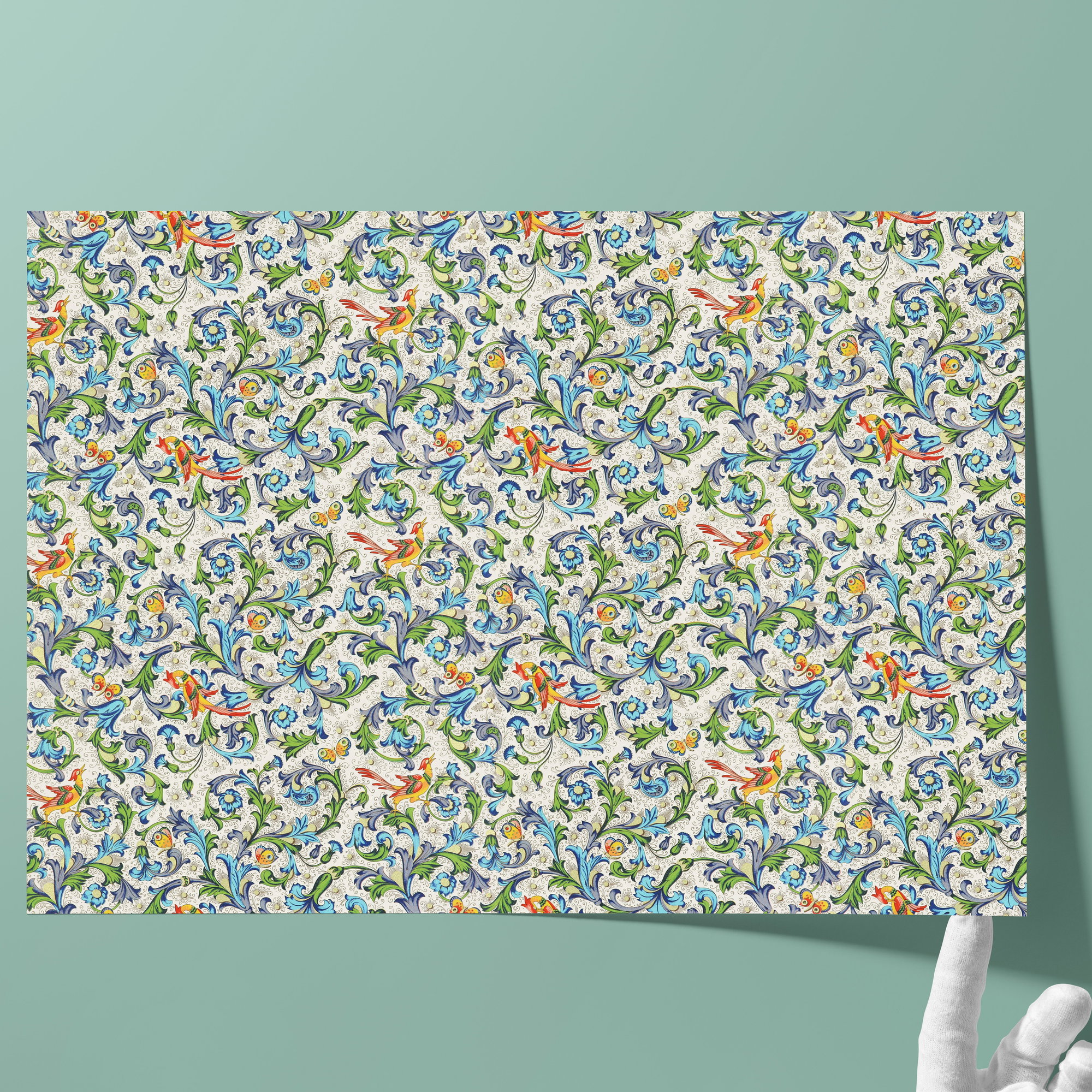 Florentiner-Papier, matt - Farbe 032 - Italienische Vögel - italienisches Buntpapier als Bezugspapier für Bücher, Schachteln und Boxen oder ... - Bild-2