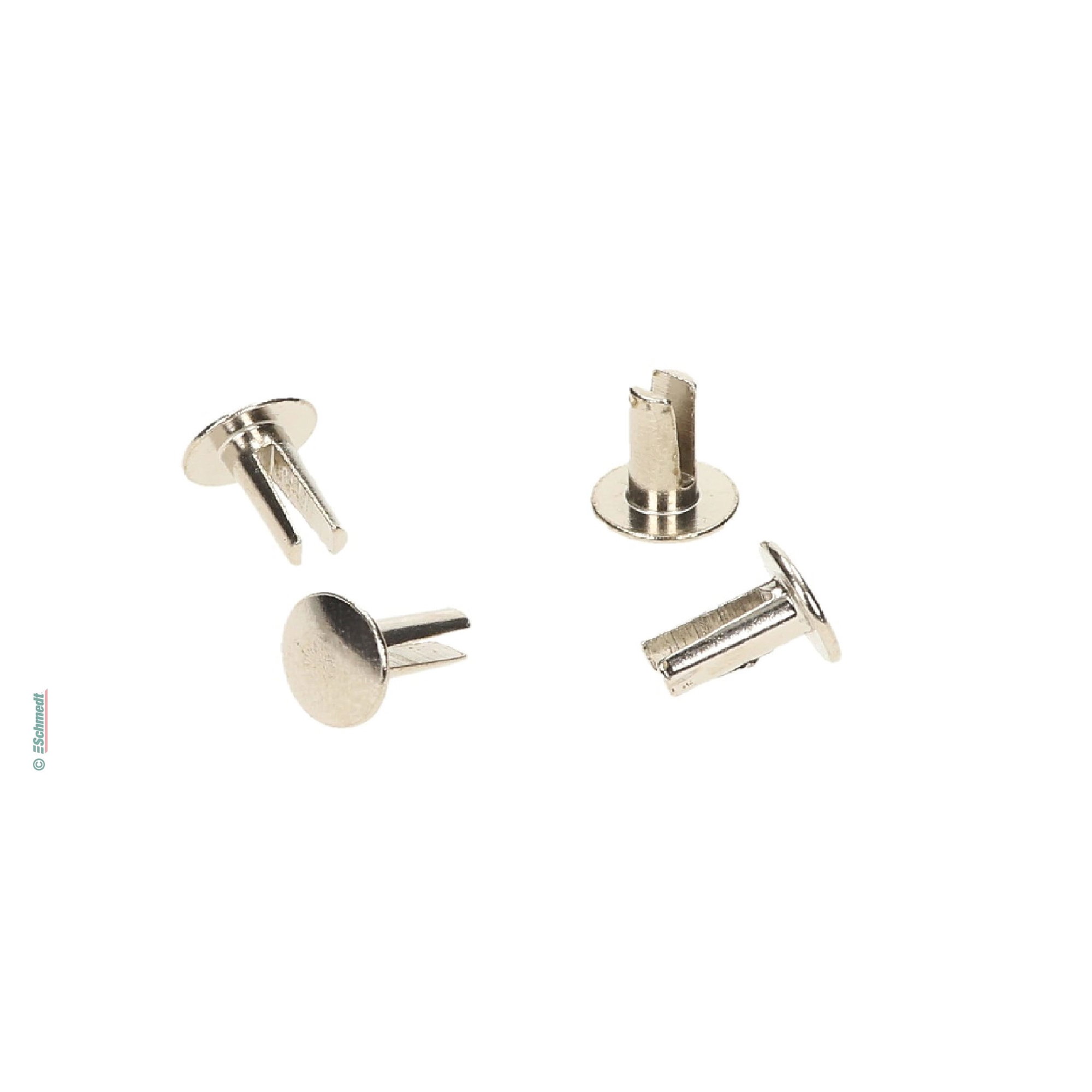 Rivets à corps fourchu, nickelé - Epaisseur/Longueur: 5/8 mm - pour détirer au bord, p. ex. pour fixer serrures à combinaison ou pour valise...