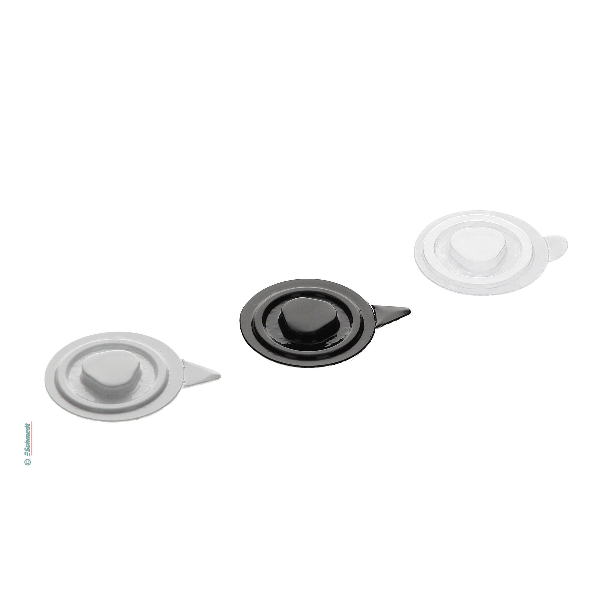 CD fasteners, self-adhesive - made of plastic - to mount CDs and DVDs into brochures, folders, files, schoolbooks etc....