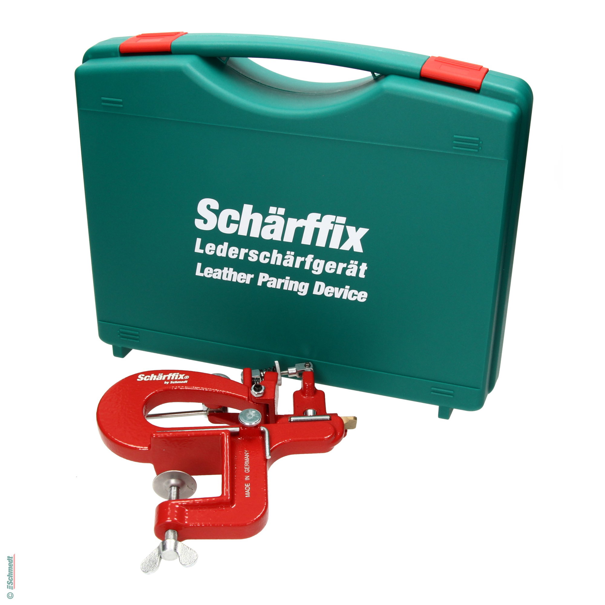 Schärffix® appareil à parer le cuir - Couleur rouge - RAL 3000 - Avec ce dispositif, le cuir peut facilement être préparé (paré) pour un tra... - image-3