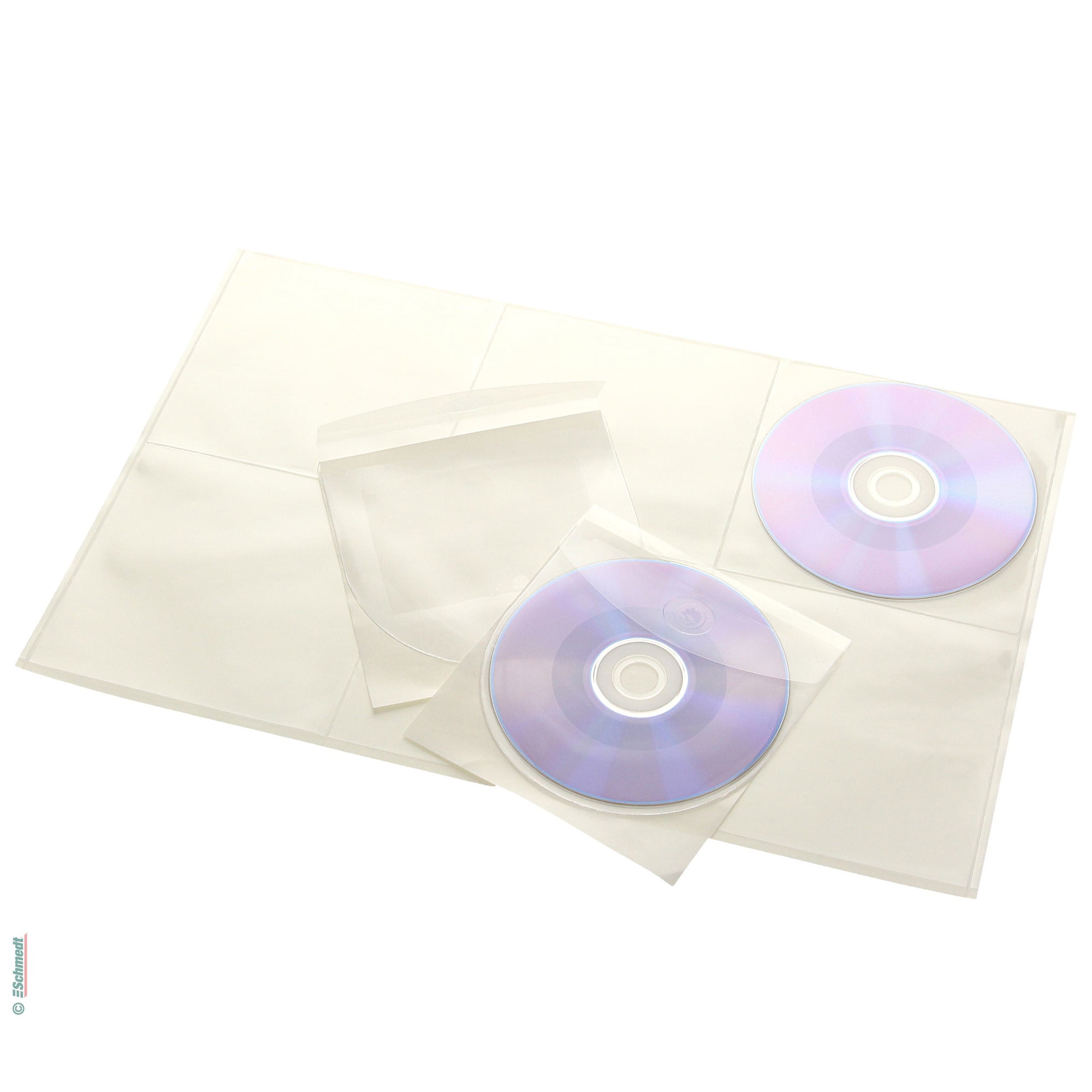 Media pouches made of transparent film - self-adhesive back side - 126 x 126 mm - to mount CDs and DVDs into brochures, folders, files, scho...