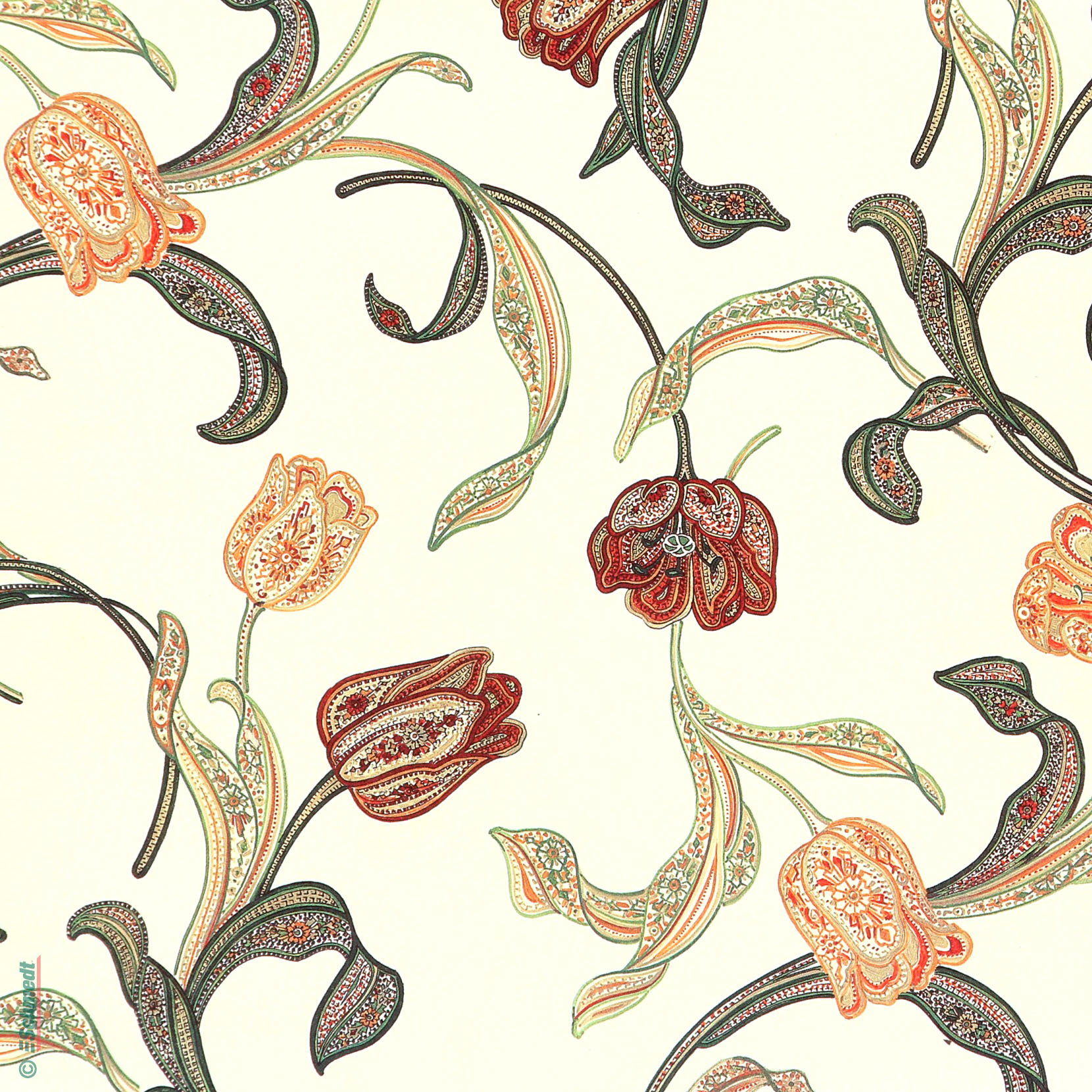 Decorated paper • Grammage: 85 gsm - Colour 048 - Paisley tulips - printed paper used as cover paper for books, boxes, cases, packagings, Or...