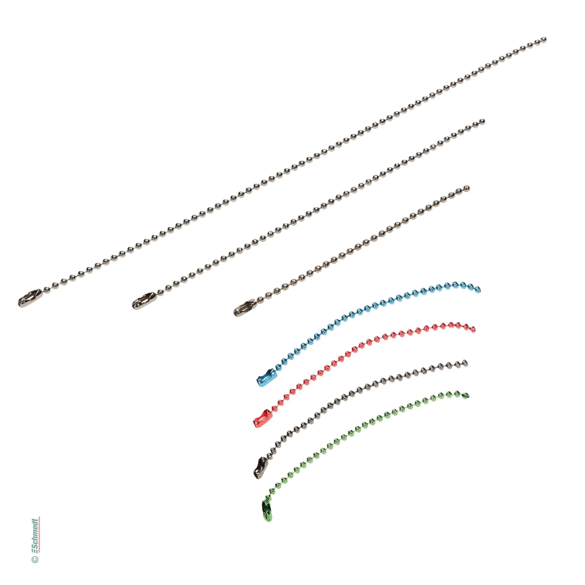 Kugelkette, Fertiglängen - 2,4 mm stark / mit Klemm-Verschluss an einer Seite - z. B. zum Befestigen von Etiketten oder Anhängern an Ware, a...