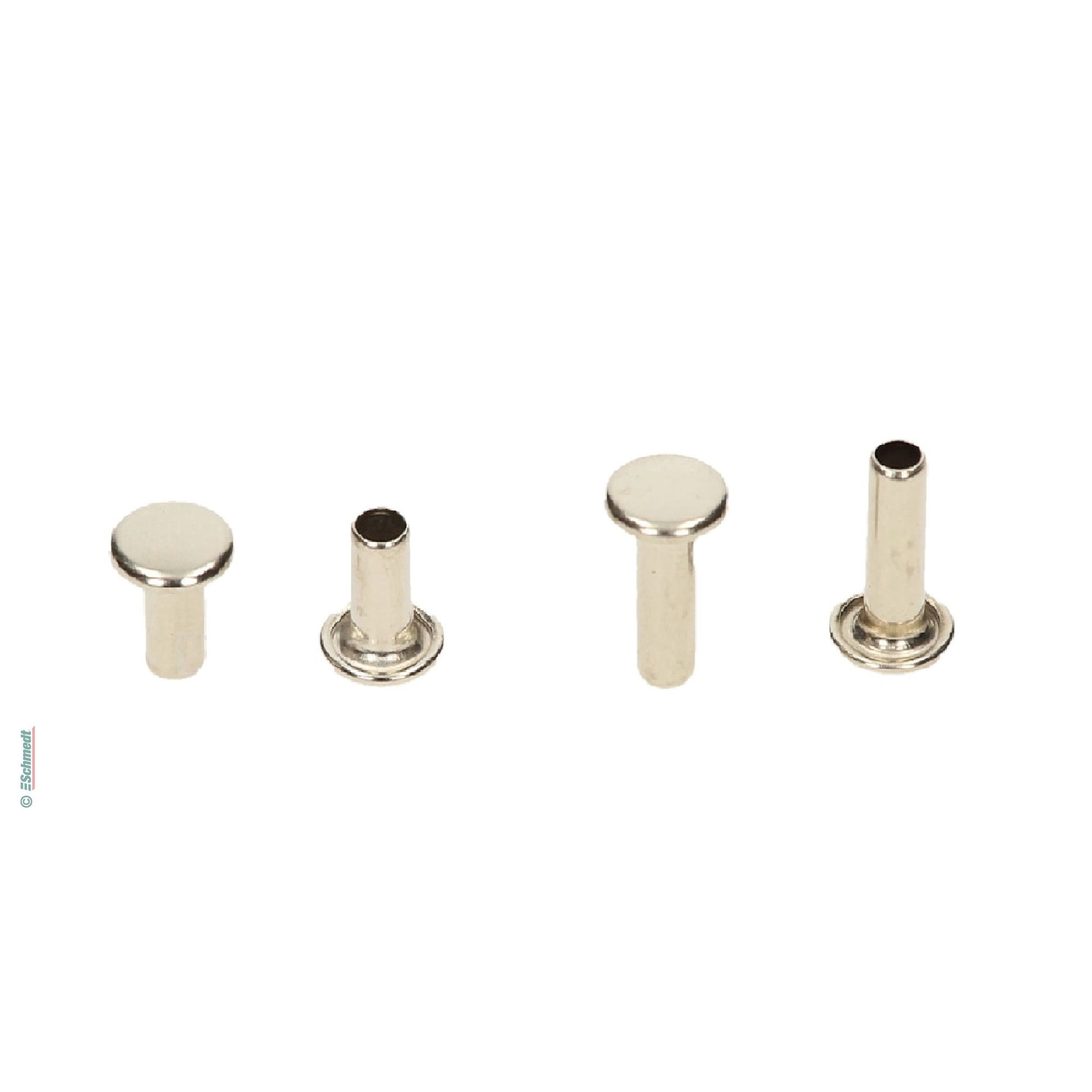 Rivets pour machines, nickelé - une pièce, fermée - pour fixer mécanisme à anneaux dans classeurs, clip-étriers pour porte-blocs etc. par ma...