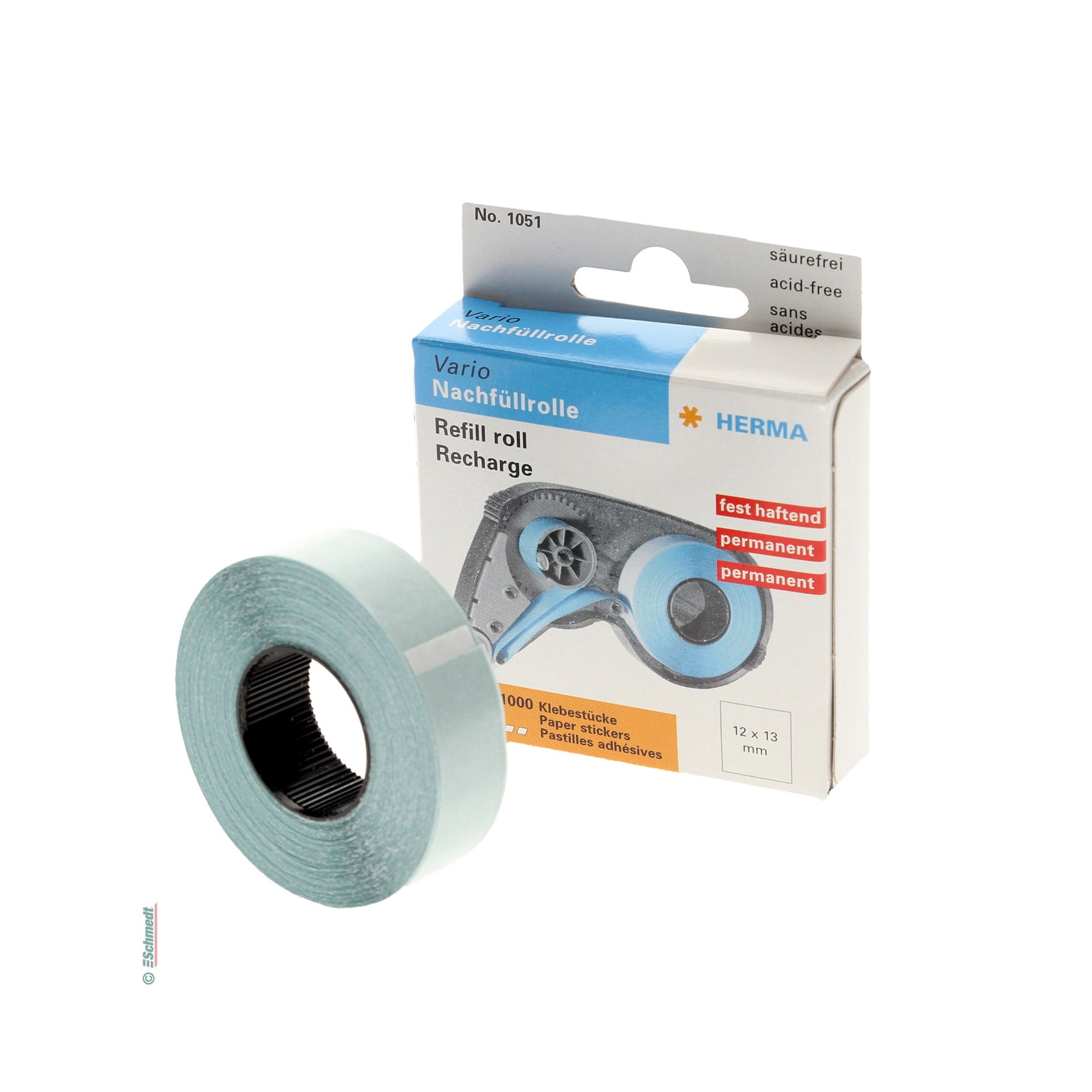 Hermafix vario - Rollos de recambio - 1000 unidades adhesivas en formato 12 x 13 mm - Aplicación: para la fijación rápida y permanente de fo... - imagen-1